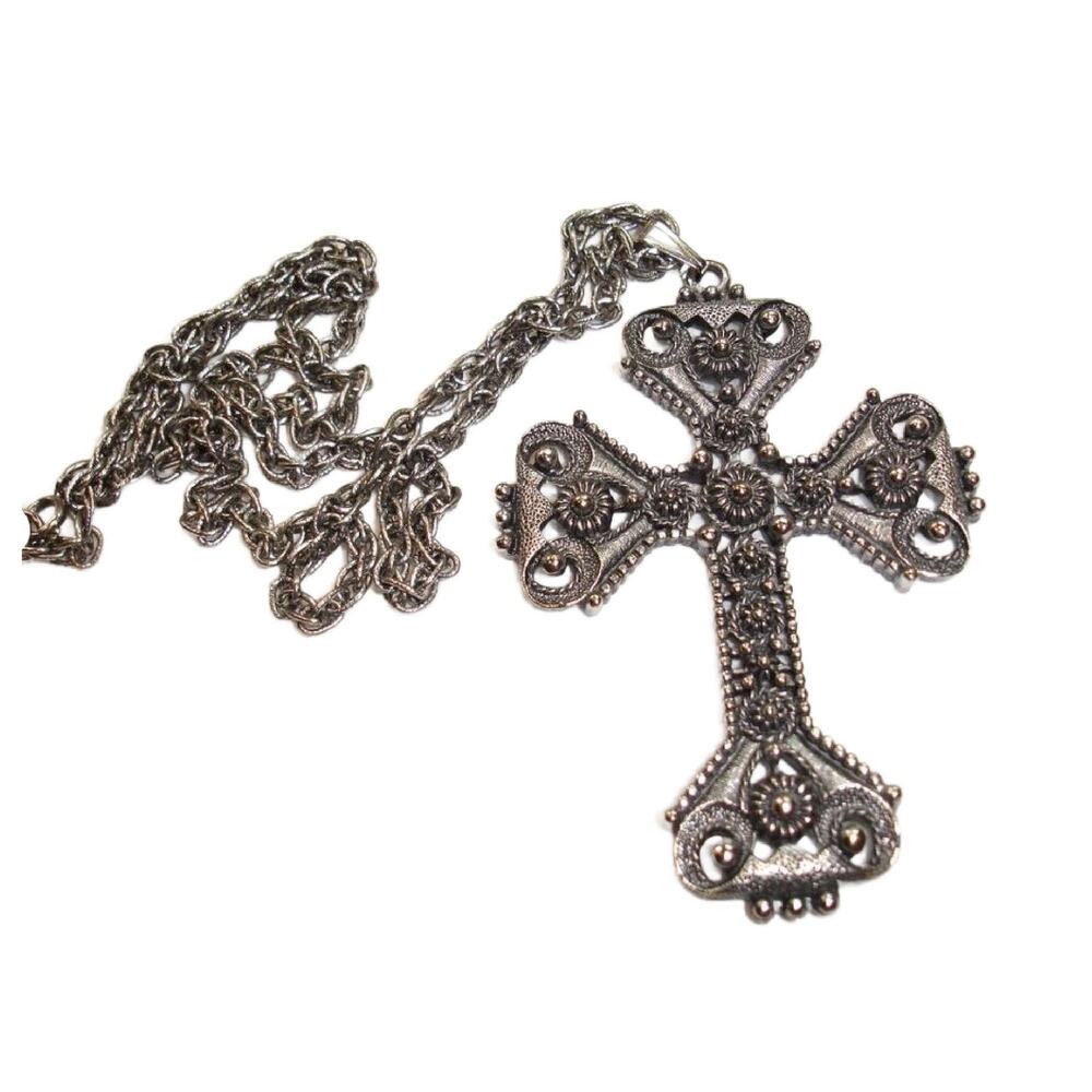 Vintage Sarah Coventry Silver Tone Ornate Cross Pendant Necklace, 1970s